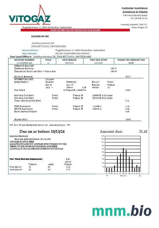 Szwajcaria Vitogaz Switzerland AG rachunek za usługi komunalne szablon, w pełni edytowalny w formatach Word i PDF